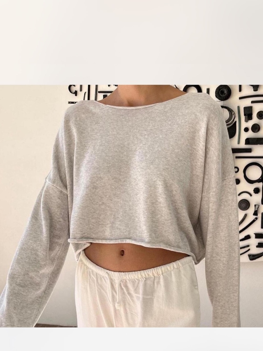 Brandy Melville Light Gray Cropped Boatneck Long-Sleeve Top